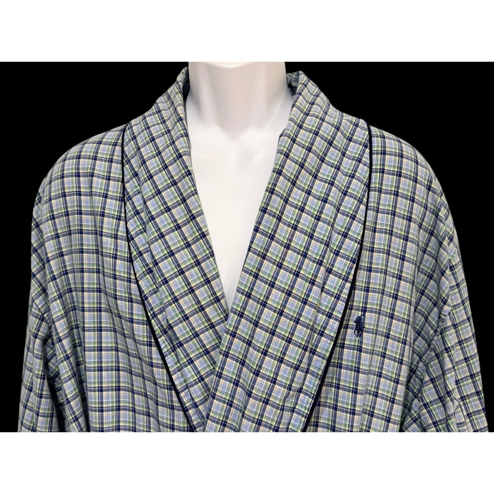 Vintage‎ Polo Ralph Lauren Men Robe L XL Glen Plaid Piping Shawl Tie Cotton